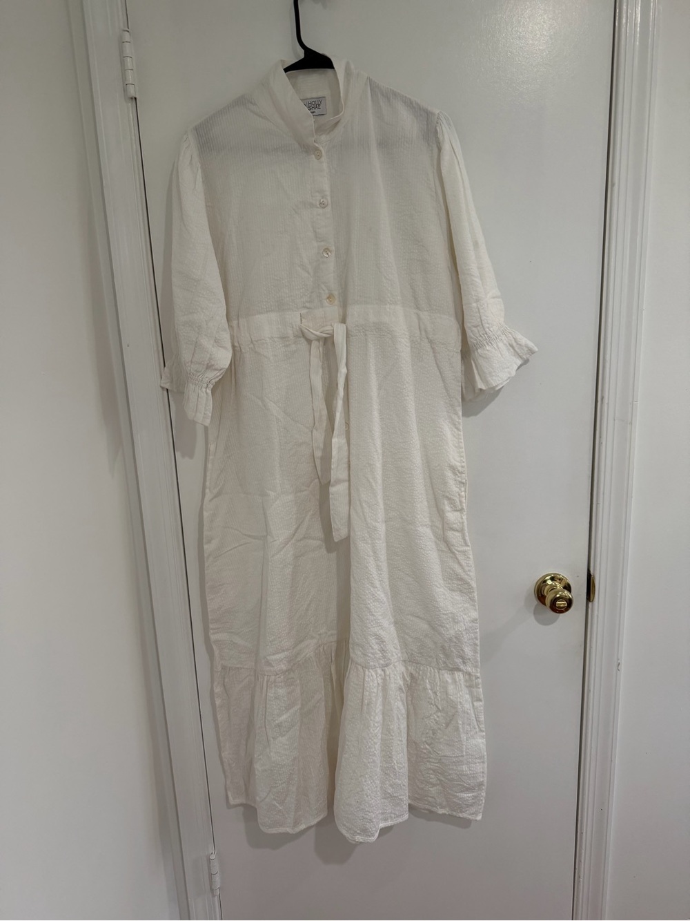Holly Shae Design White Textured Button Front Dress M/L Gauze Midi Boho Coastal